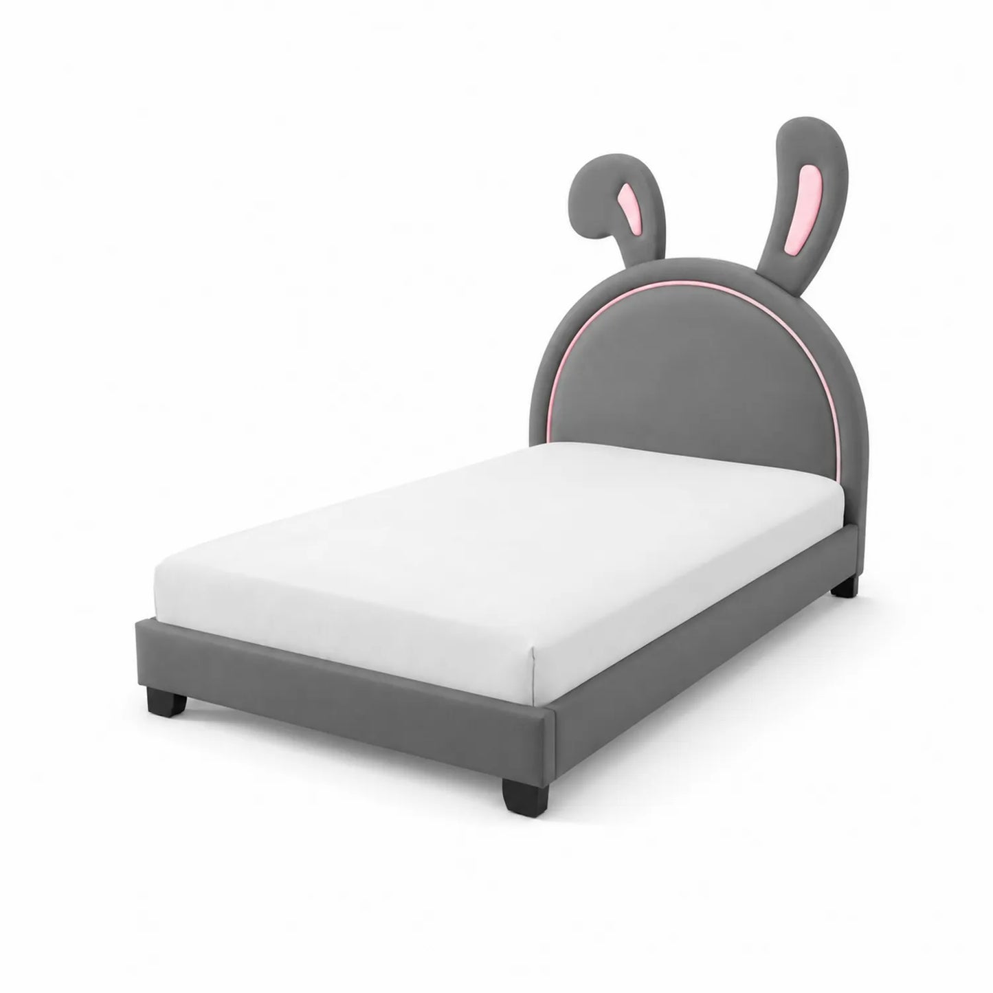 Letto per Bambini in Velluto Grigio e Rosa con Testiera a Forma di Orecchie