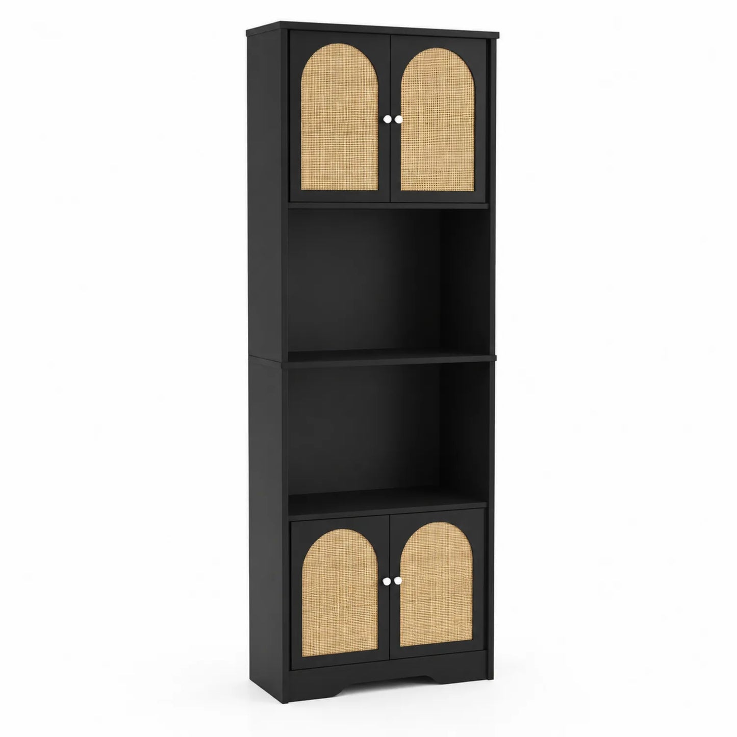 Scaffale in Legno Nero con Ante in Rattan