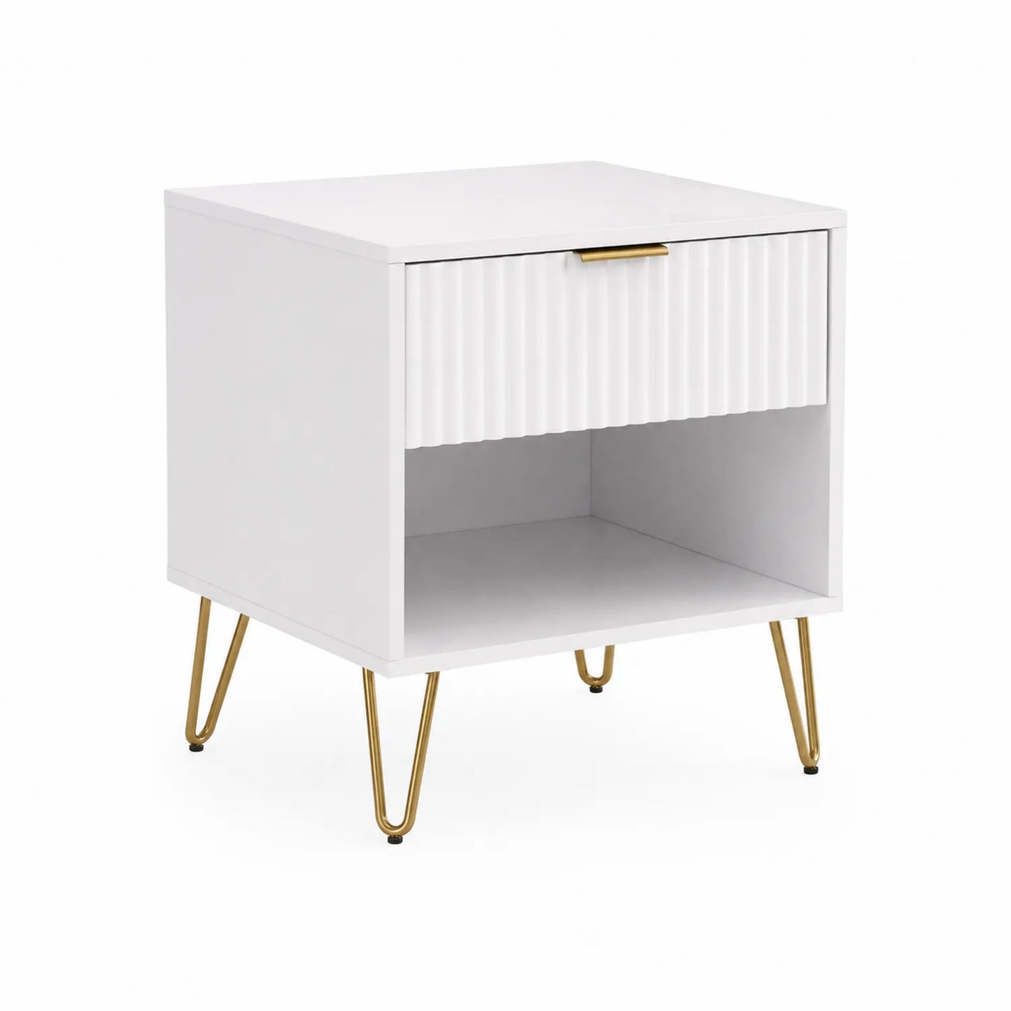 Comodino Bianco con Cassetto Ondulato e Gambe Dorate, 50x40x60 cm