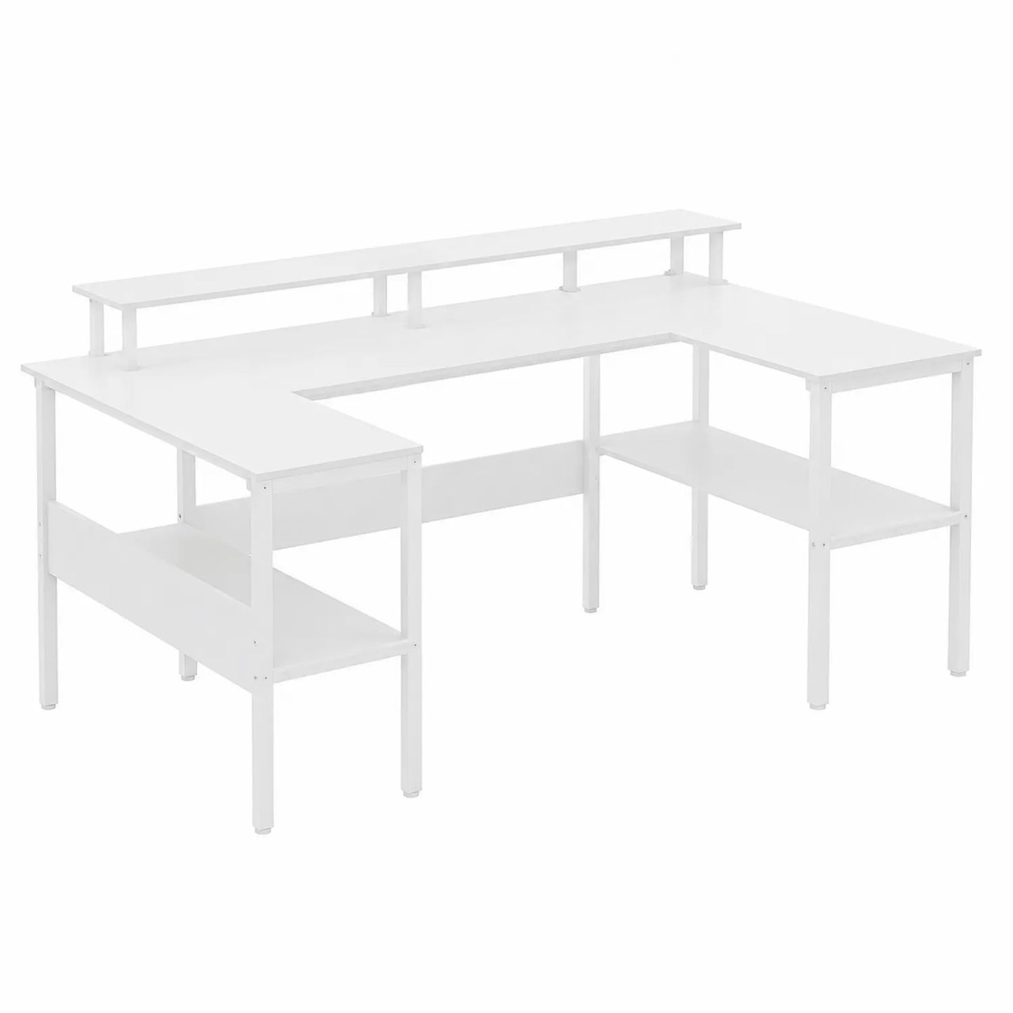 Scrivania angolare a L in legno MDF e metallo bianco con ripiani