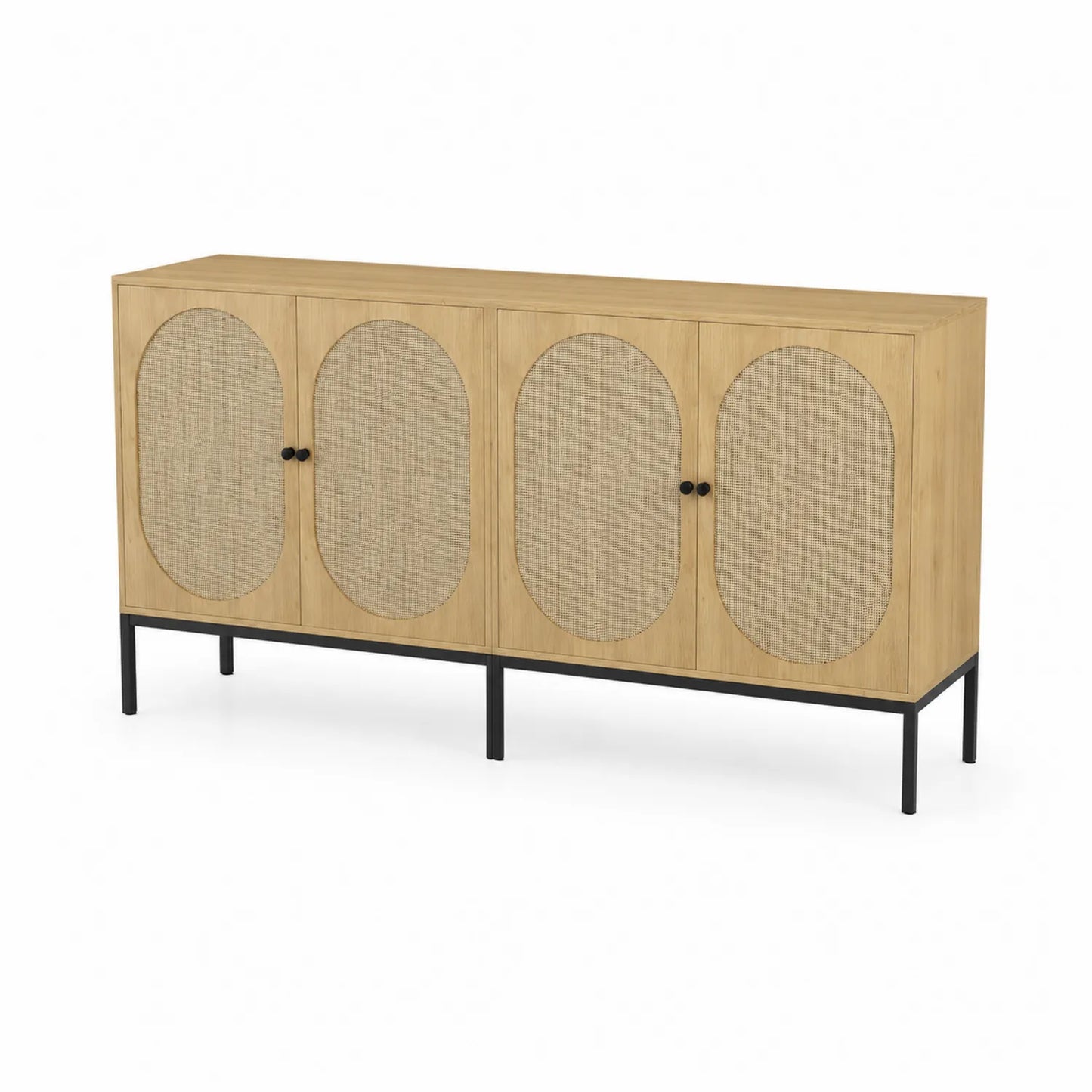Credenza in legno con ante in rattan e base in metallo nero