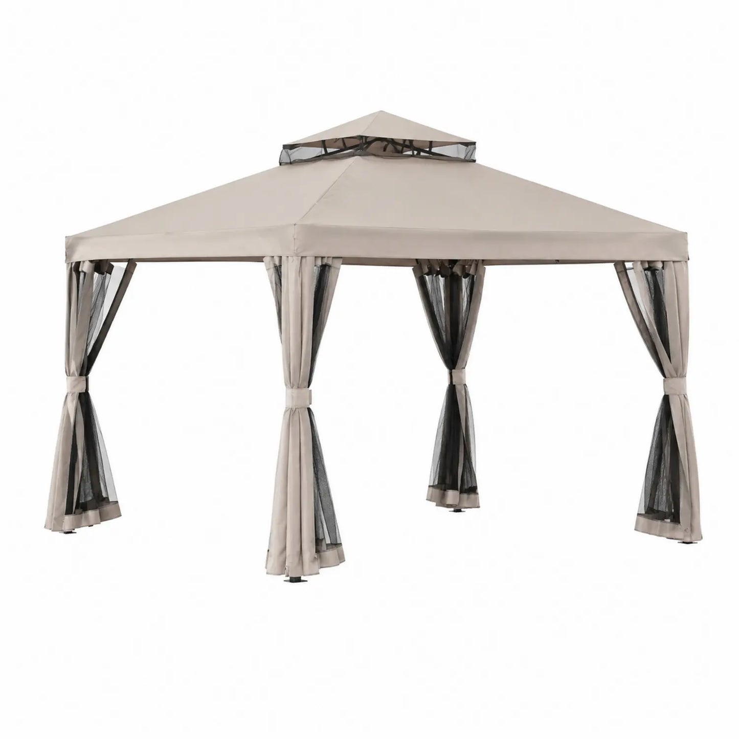 Gazebo da Giardino in Acciaio e Tessuto Poliestere Beige con Zanzariere