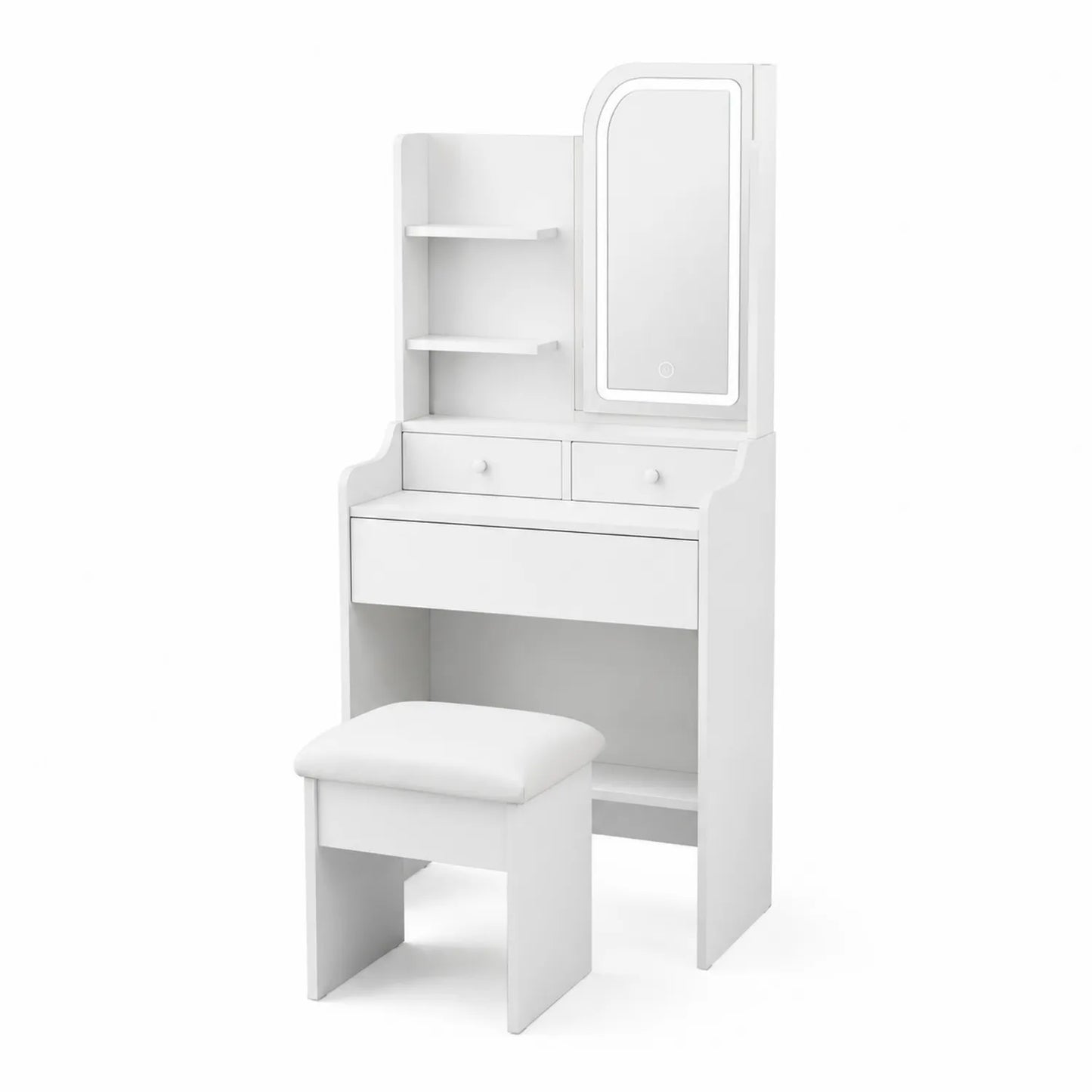 Set Tavolo da Toeletta con Specchio e Sgabello in Legno Bianco