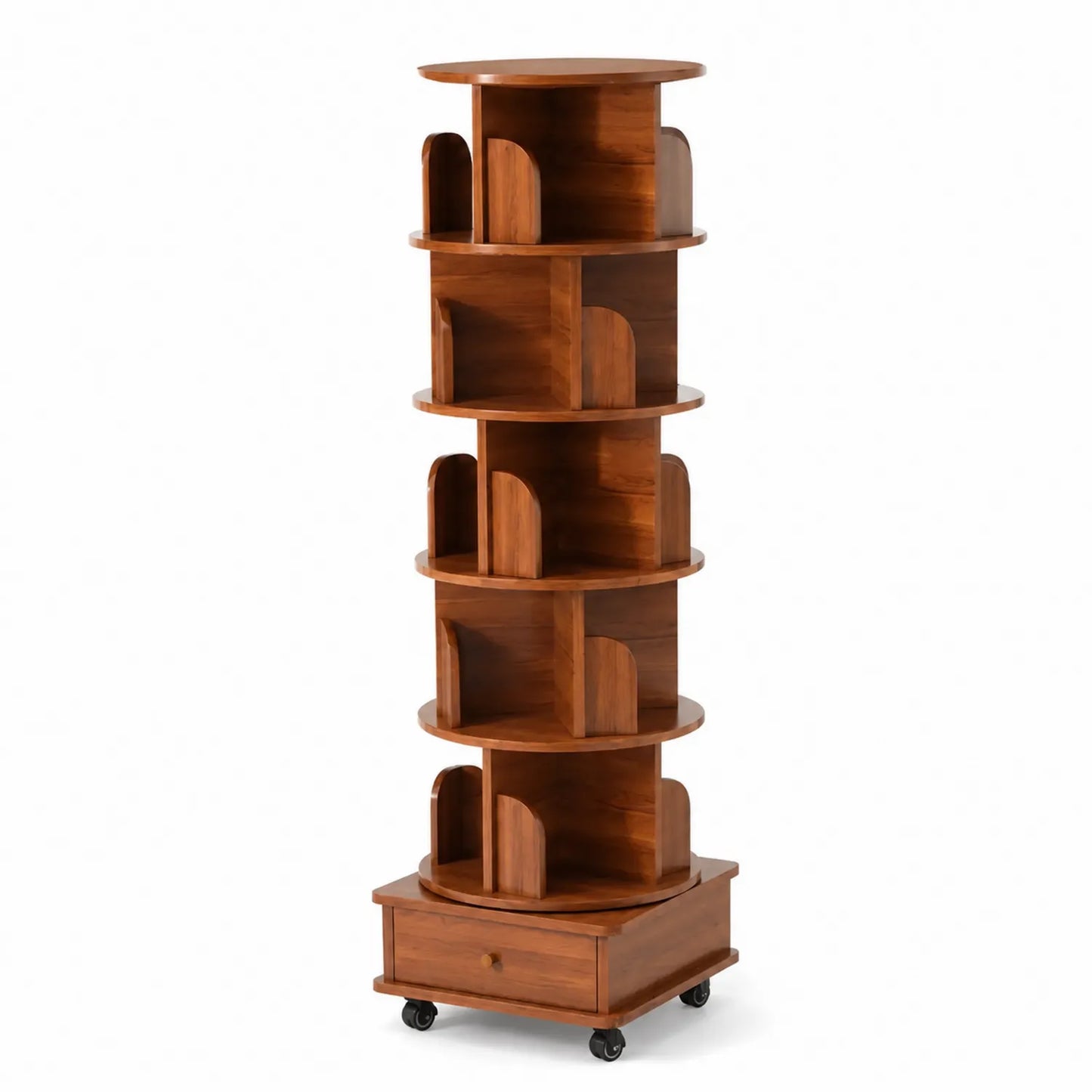 Scaffale girevole in legno con cassetto e ruote, Marrone