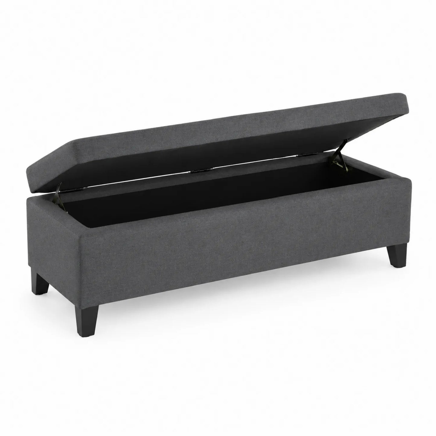 Panca contenitore in tessuto grigio con gambe in legno