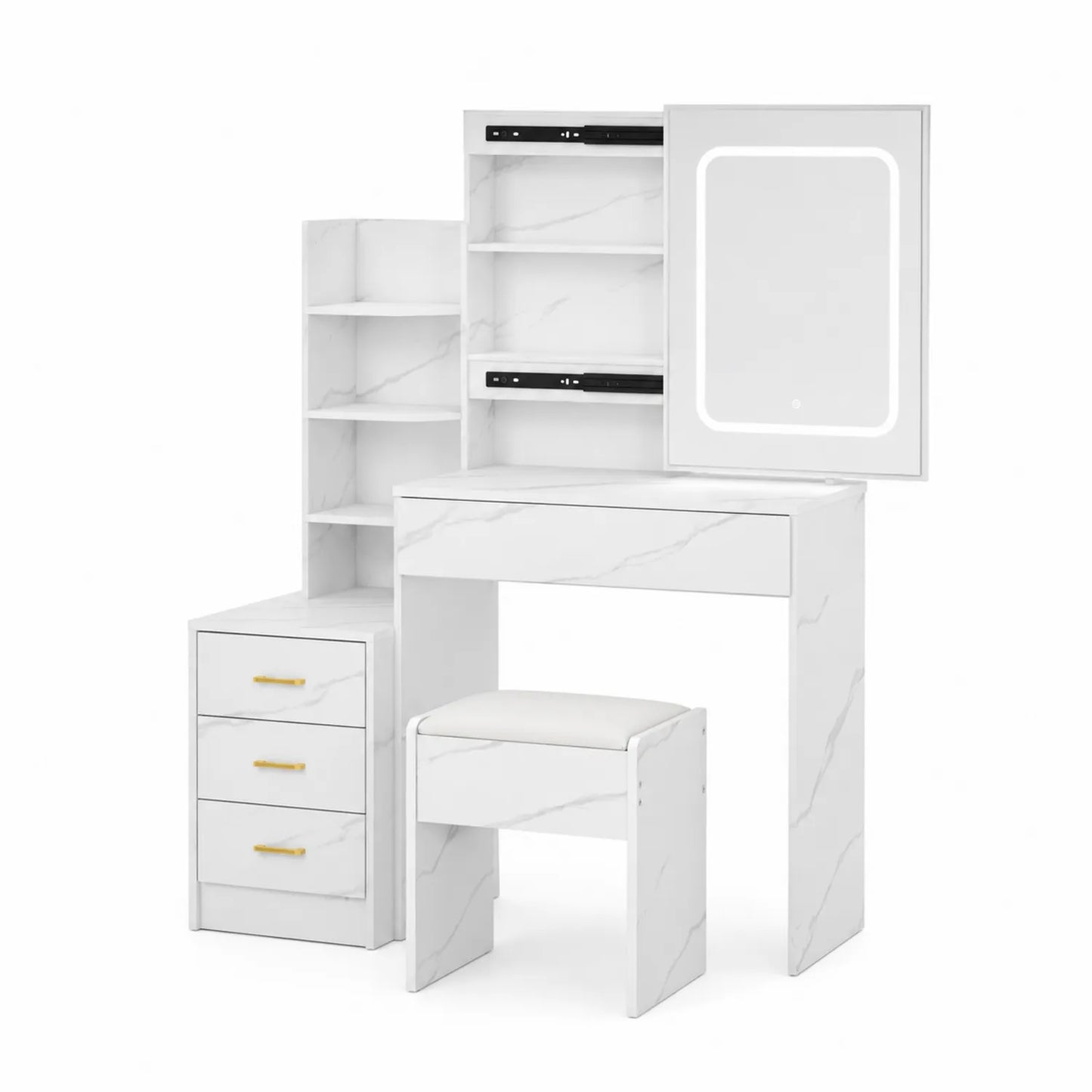 Toeletta con Specchio LED e Sgabello in Legno Effetto Marmo