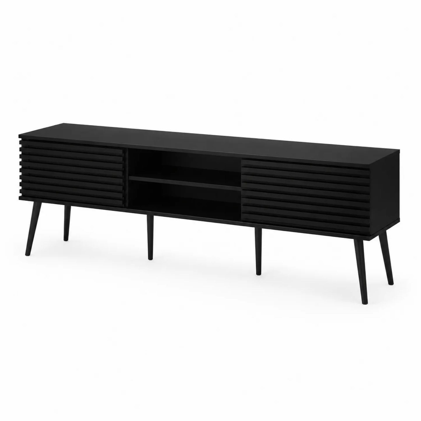 Mobile TV in legno MDF nero con ripiani e ante 180x40x50 cm