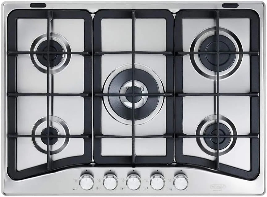 Delonghi Piano cottura a gas, 68 CM, 5 fuochi, da incasso, ghisa, acciaio inox, fornello a gas