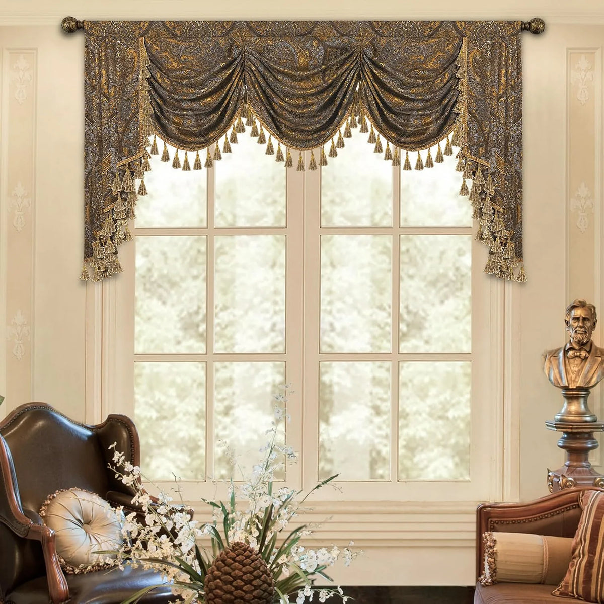 Prodotto Mantovana Floreale con Nappe, Mantovana a Cascata per Finestre, Tenda Corta Jacquard per Camera da Letto Soggiorno Cucina 1 Pezzo, Larghezza