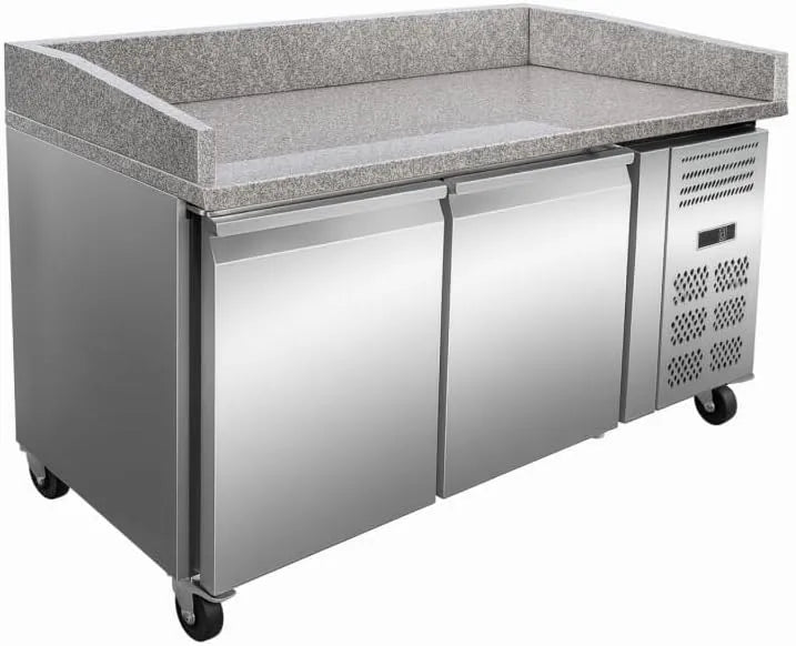 Prodotto 390L, Tavolo per pizza refrigerato in granito a 2 ante con backsplash, Tropicalizzato
