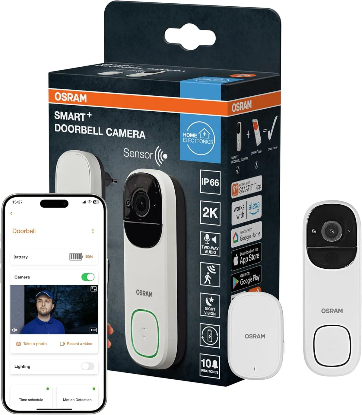 modello 3MP, OSRAM Campanello video SMART+ WiFi 3MP 2K, batteria da 5200 mAh, angolo di 160°, compatibile con Alexa, sensore PIR, bianco
