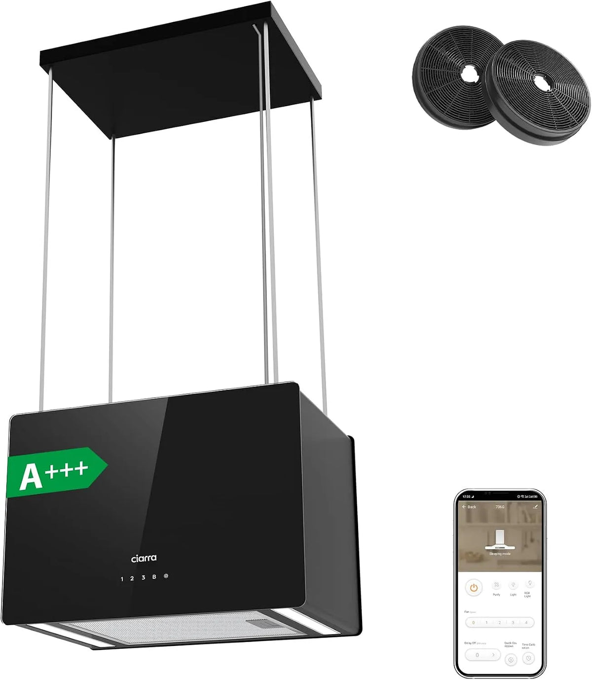 CIARRA CBCB4850 Cappa aspirante, 48 cm, 700 m3/h, classe energetica A, cappa da cucina, Wi-Fi, nero