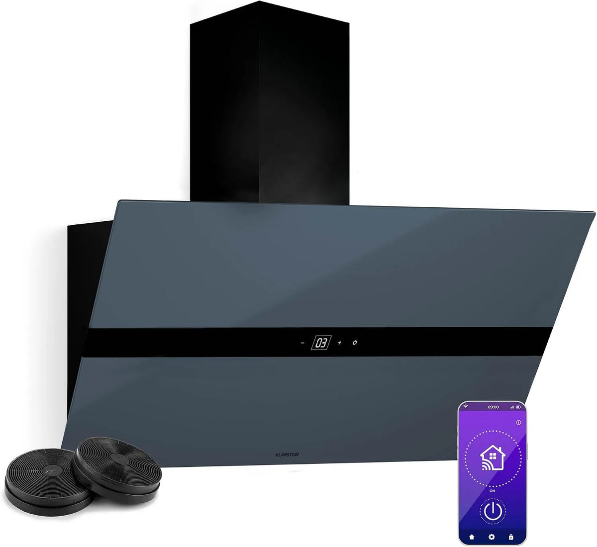 Klarstein 6000-6500K Cappa aspirante, 90cm, 110 W, 690 m3/h, cappa da cucina, touch, Wi-Fi, grigio, LED, Motore: 110W, ora, Efficienza Energetica A++