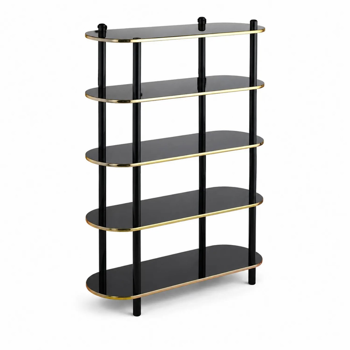 Scaffale in metallo nero con finiture in MDF dorate