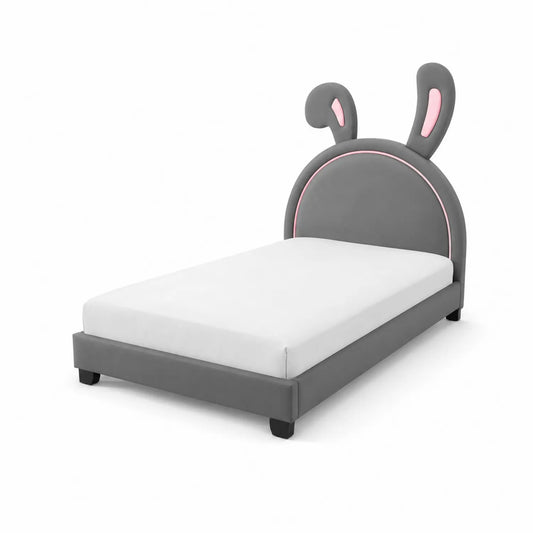 Letto per Bambini in Velluto Grigio e Rosa con Testiera a Forma di Orecchie
