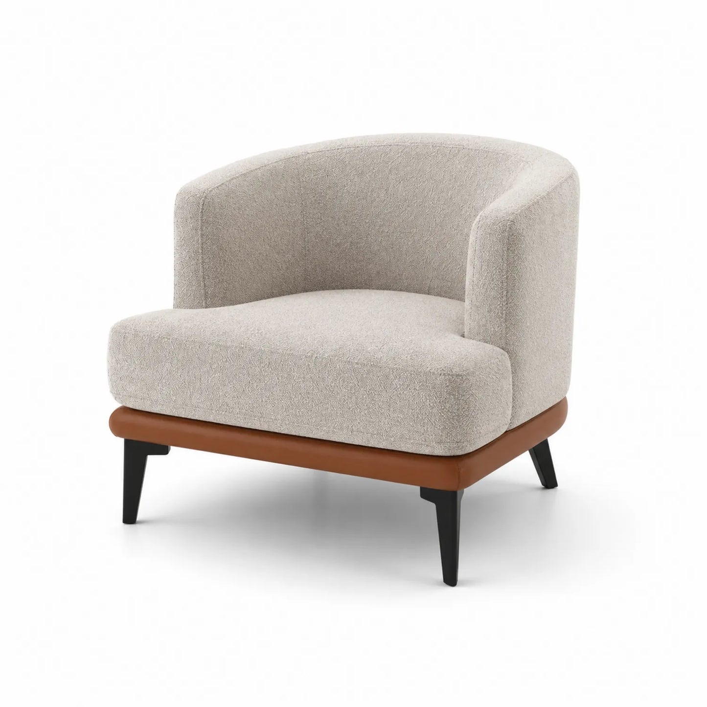 Poltrona beige in tessuto con base marrone e gambe nere