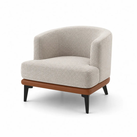 Poltrona beige in tessuto con base marrone e gambe nere