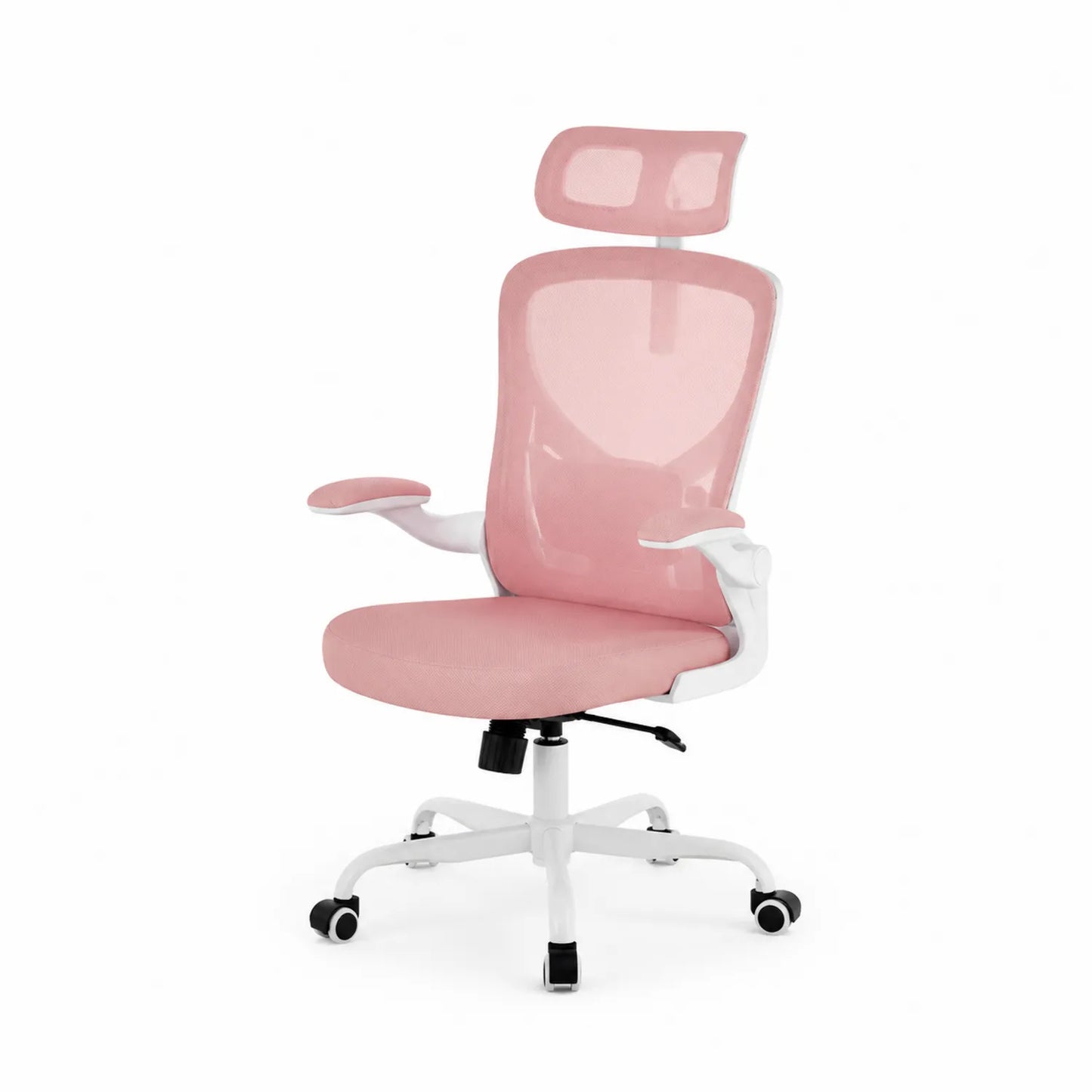 Sedia ergonomica in tessuto a rete rosa e bianca con rotelle