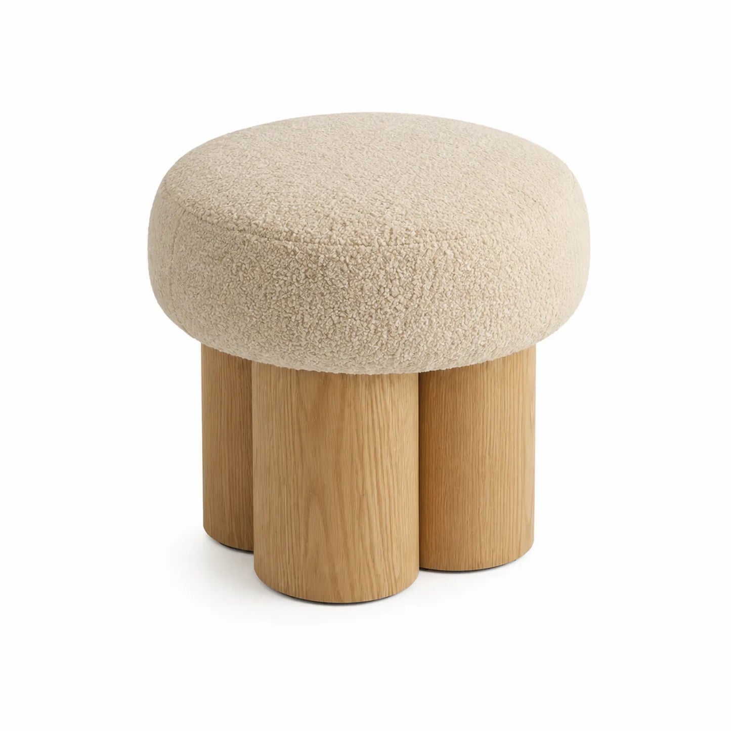 Pouf rotondo in tessuto Bouclé con base in legno di quercia