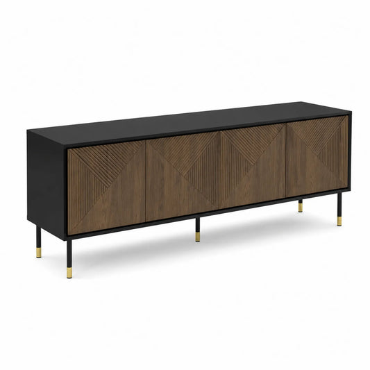 Credenza TV in Legno MDF e Metallo Nero con Ante Geometriche 150x40x50 cm
