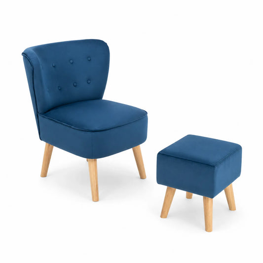 Poltrona e Pouf in Velluto Blu con Gambe in Legno