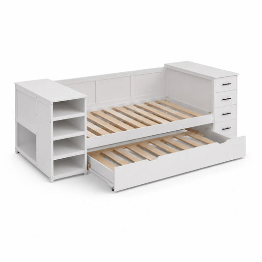 Letto in legno bianco con cassetti e scaffale integrati
