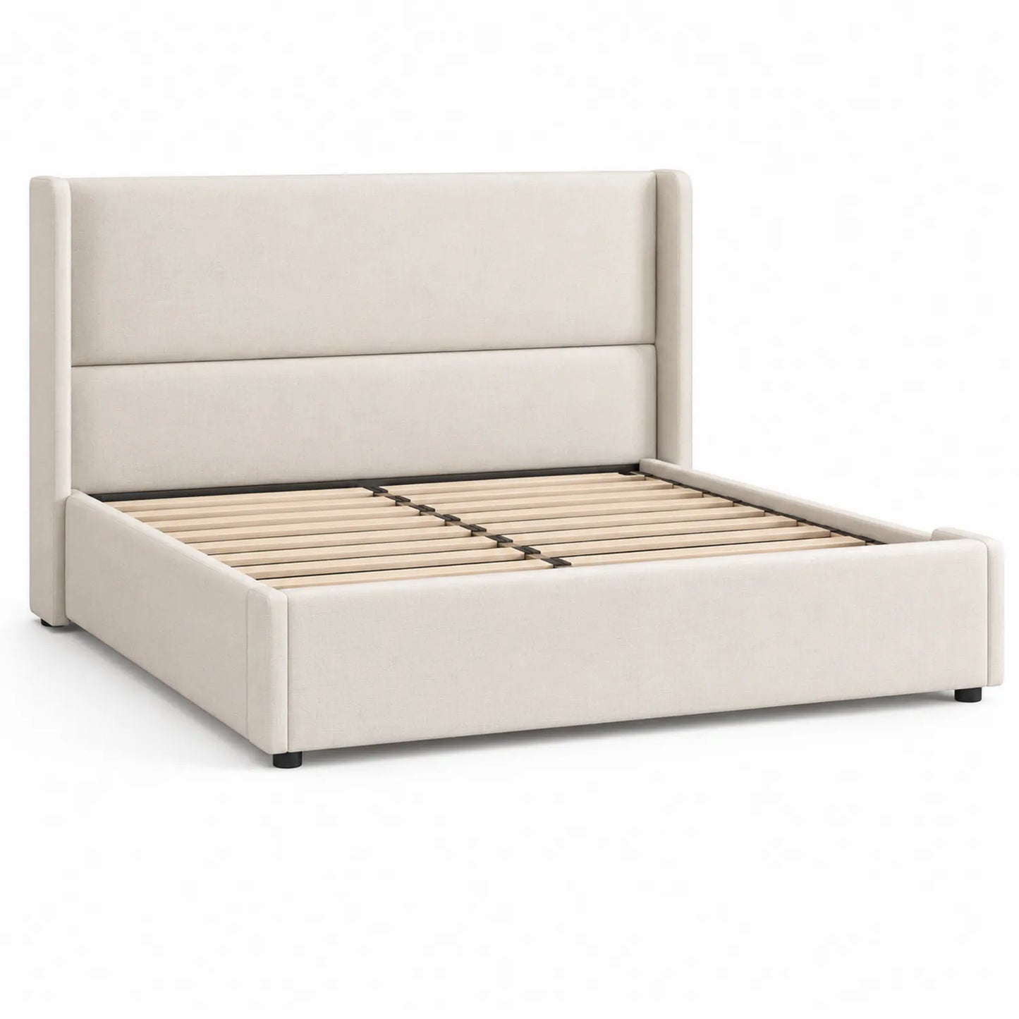 Letto in tessuto beige con doghe in legno