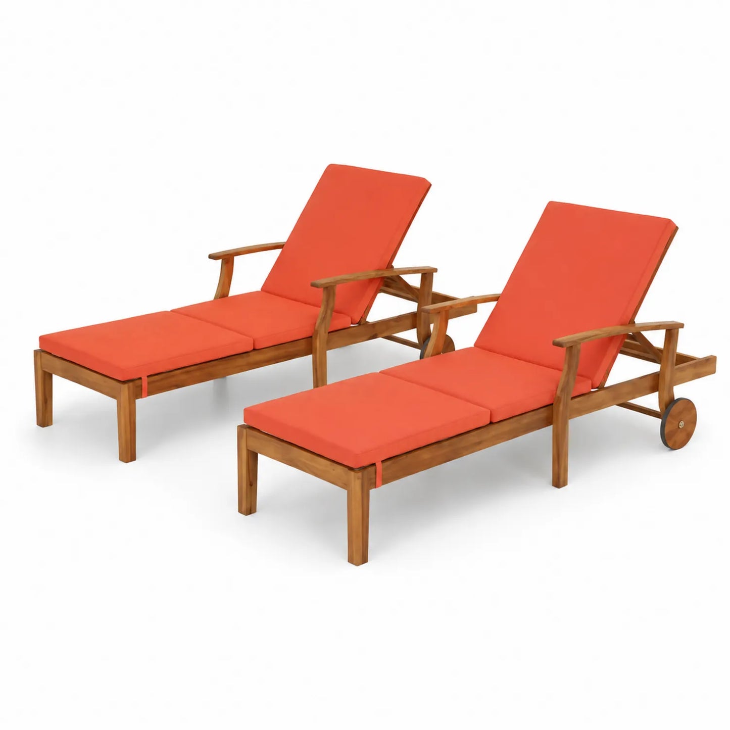 Set di Lettini Prendisole in Legno di Acacia con Cuscini Rosso Arancio