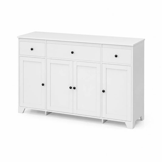 Credenza in Legno Bianco con 3 Cassetti e 4 Ante, 80x120x35 cm
