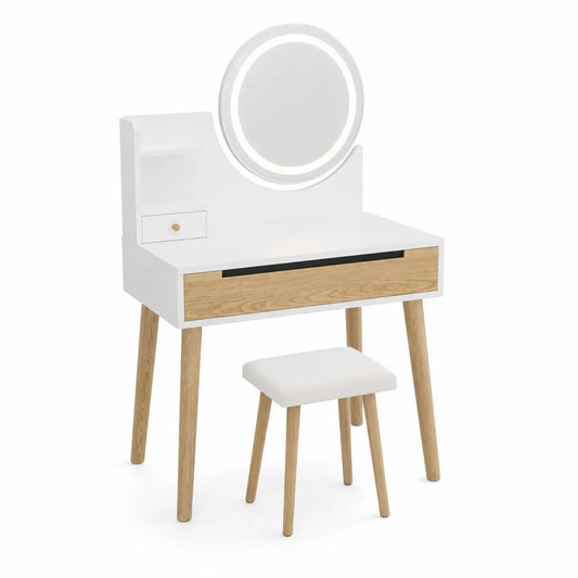 Toeletta con Specchio LED e Sgabello in MDF Bianco e Rovere