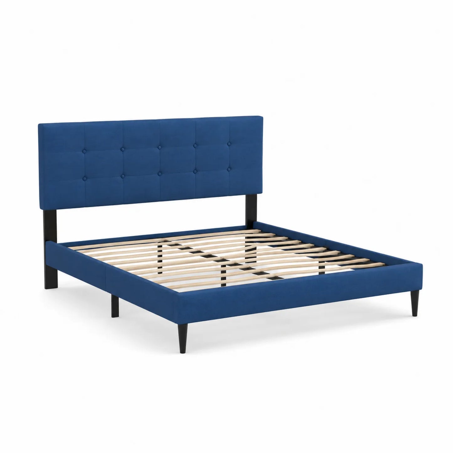 Letto matrimoniale in tessuto con testiera trapuntata blu