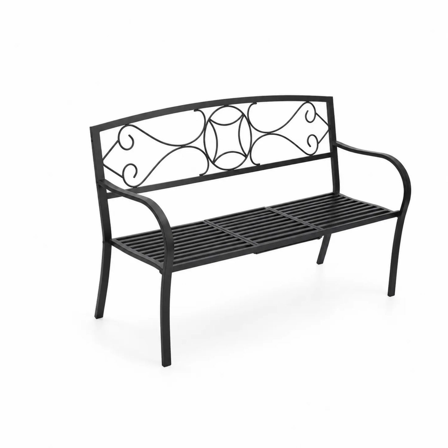 Panca da giardino in ferro nero con schienale decorativo