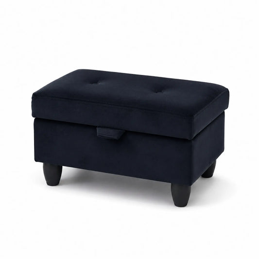 Pouf Contenitore in Velluto Blu con Gambe in Legno