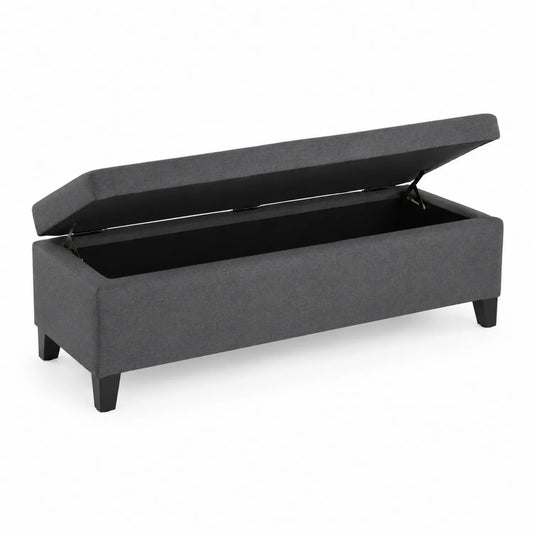 Panca contenitore in tessuto grigio con gambe in legno