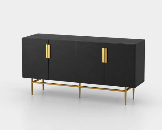 Credenza in legno nero con base in acciaio dorato, 4 ante