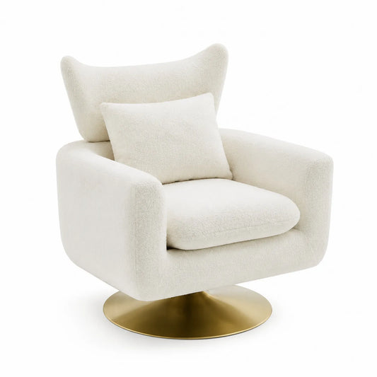 Poltrona Girevole in Bouclé Crema con Base in Metallo