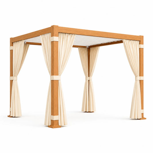 Gazebo in Legno con Tende in Poliestere 3x3 m