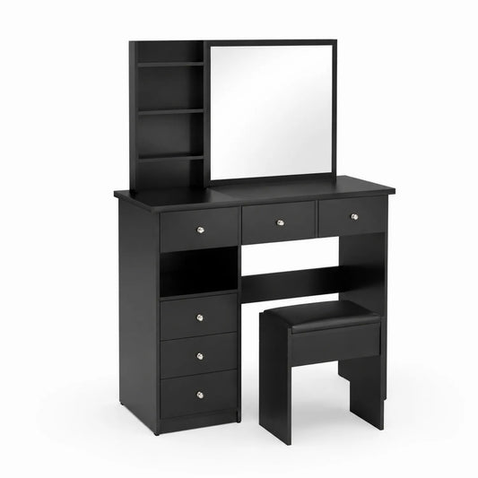 Toeletta con Specchio e Sgabello in Legno Composito Nero