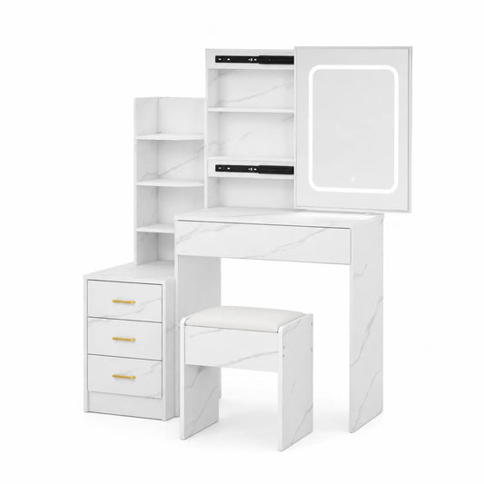 Toeletta con Specchio LED e Sgabello in Legno Effetto Marmo