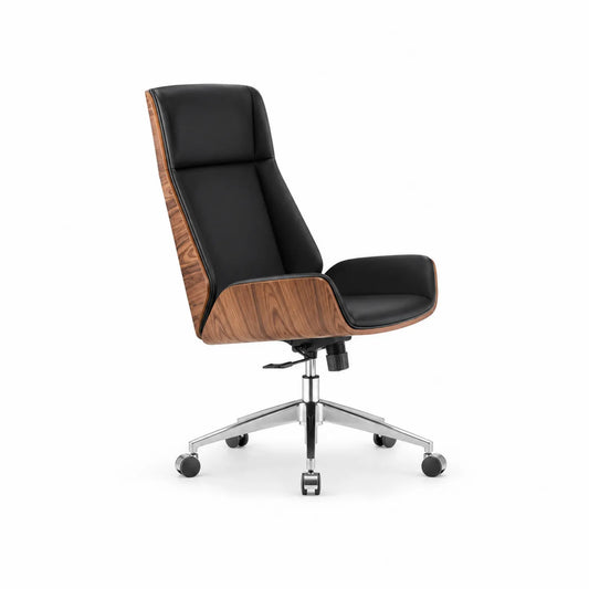 Sedia girevole in pelle con rivestimento in legno e base cromata
