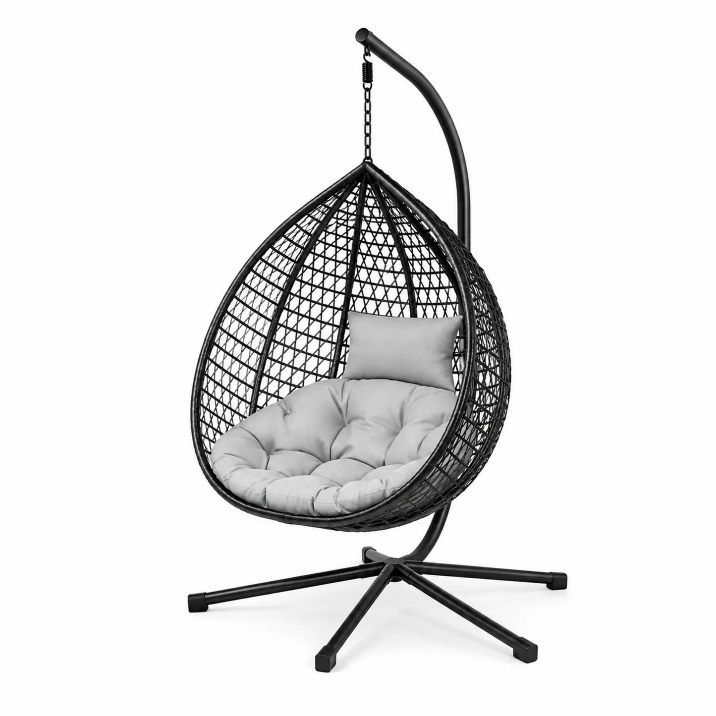 Poltrona sospesa in rattan nero e acciaio con cuscini grigi