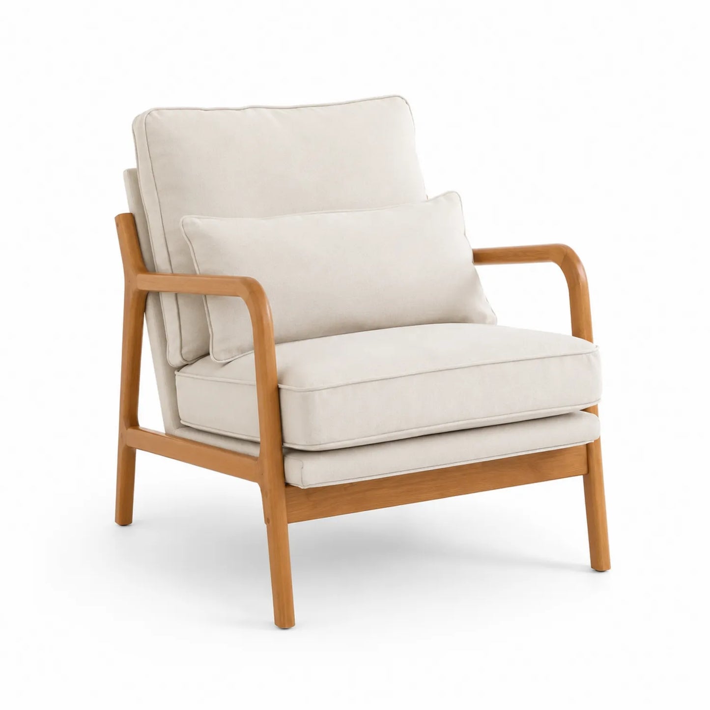 Poltrona in legno con rivestimento in tessuto beige