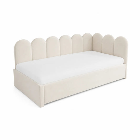 Letto singolo in legno con rivestimento crema e testiera ad arco, 200x90 cm