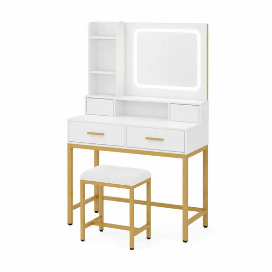 Toeletta in legno e metallo con specchio LED e sgabello, Bianco/Oro