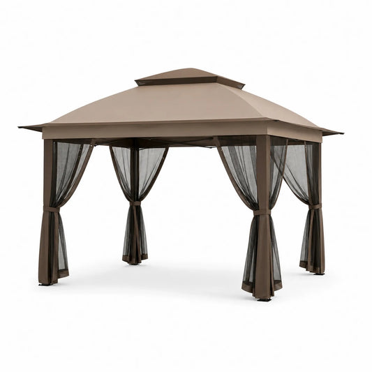 Gazebo da Giardino in Acciaio con Copertura in Poliestere e Zanzariere Marrone