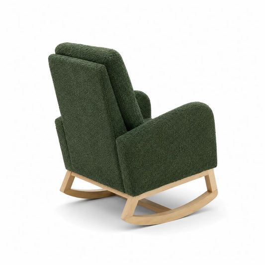 Poltrona a dondolo in tessuto verde con base in legno