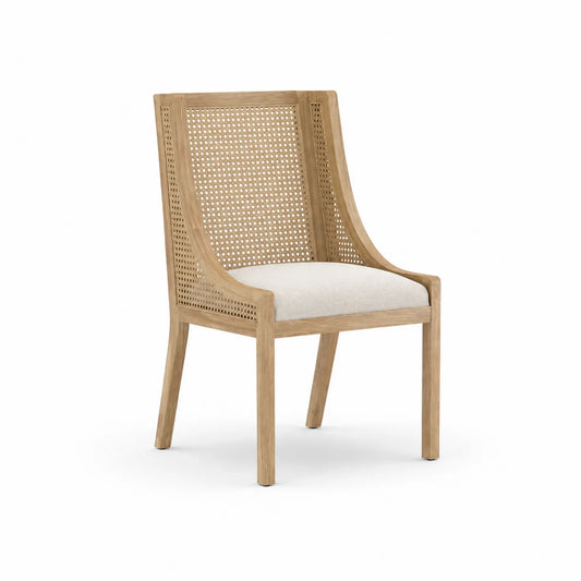 Sedia in legno e rattan con seduta in tessuto