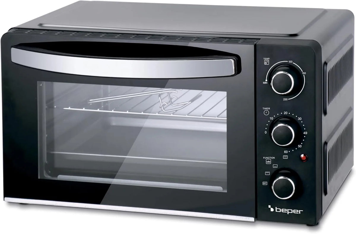 Forno elettrico, 1300 W, BEPER P101FOR020, timer, 2 zone di temperatura, acciaio inox, nero, Temperatura fino a 230°, 1300W, 3 Modalità di Cottura