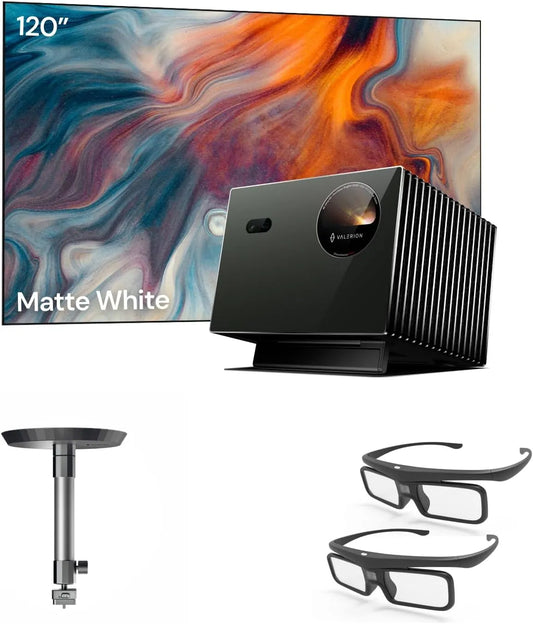 Proiettore Pro2, 120 pollici, effetto 3D, 4K UHD, videoproiettore, bianco, Pacchetto Home Theater Valerion:Incluso Proiettore laser triplo Valerion