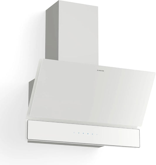 Klarstein Cappa aspirante, 60cm, 820 m3/h, cappa da cucina, inclinata, 3 velocità, montaggio a parete, Boost, touch, bianco, LED, Filtro Carbone &